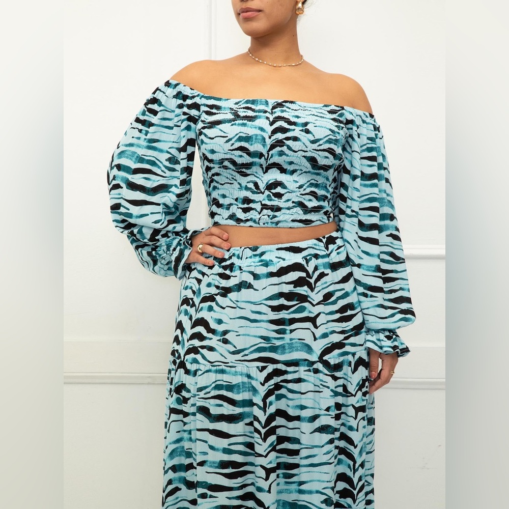 ELOQUII Elements' Women’s Smocked Off The Shoulder Top Zebra Paint Teal Sz 22/24